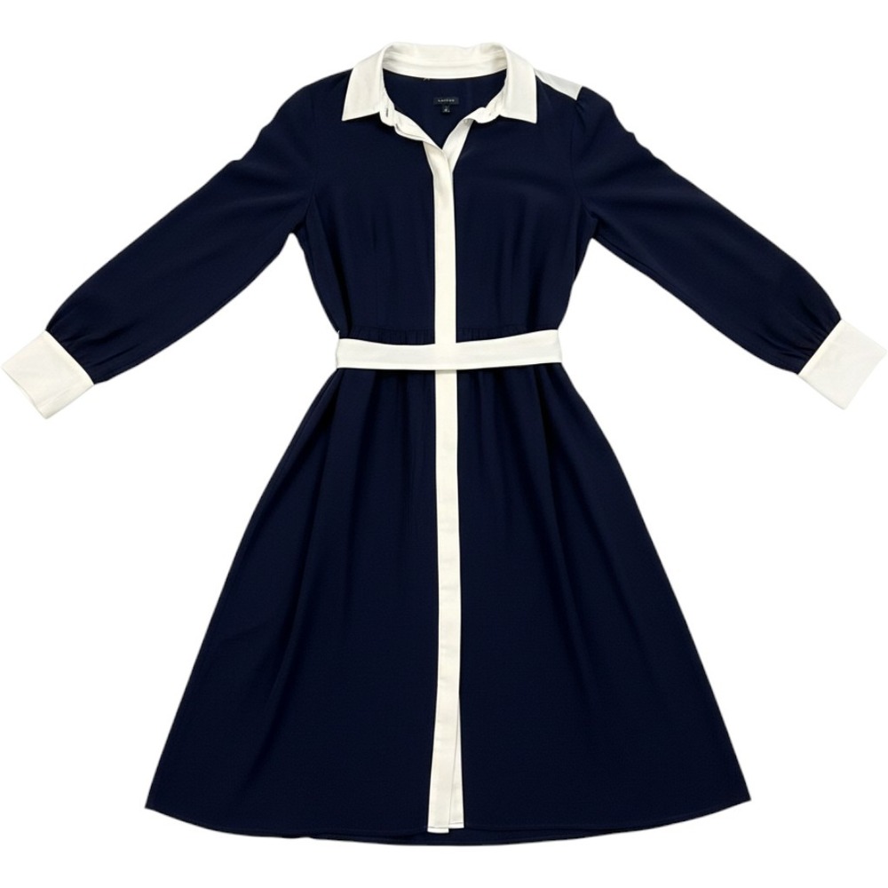 Talbots Navy Cream Colorblock Belted Midi Shirt Dress Womens Size 8